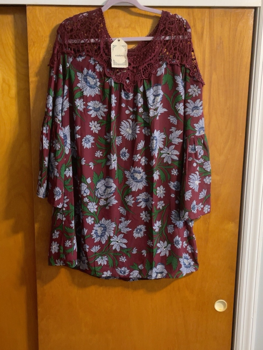 entro Burgundy Floral Tunic with Crochet Yoke